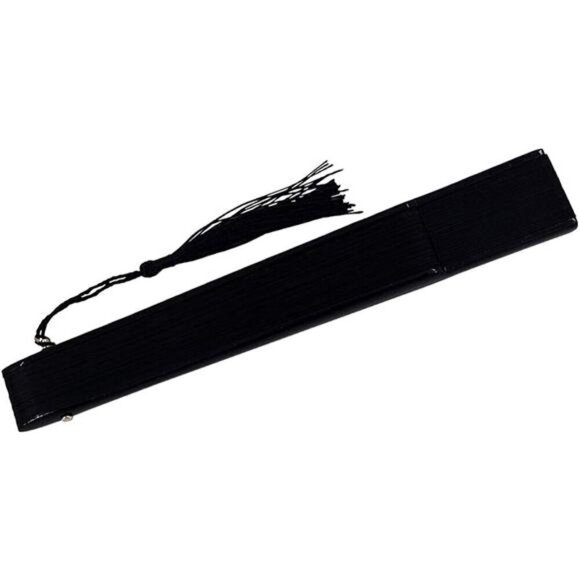 Elegant Black Folding Hand Fan Silk Fabric w/ Lacquered Bamboo Frame and Tassel - Picture 3 of 6